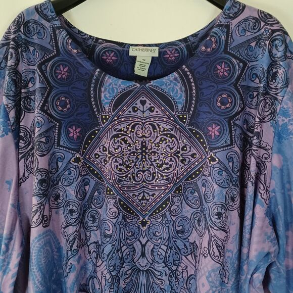 Catherines Top 4X Embellished Dyed Paisley 3/4 Sleeve Stretch Boho Whimsigoth - Picture 2 of 9